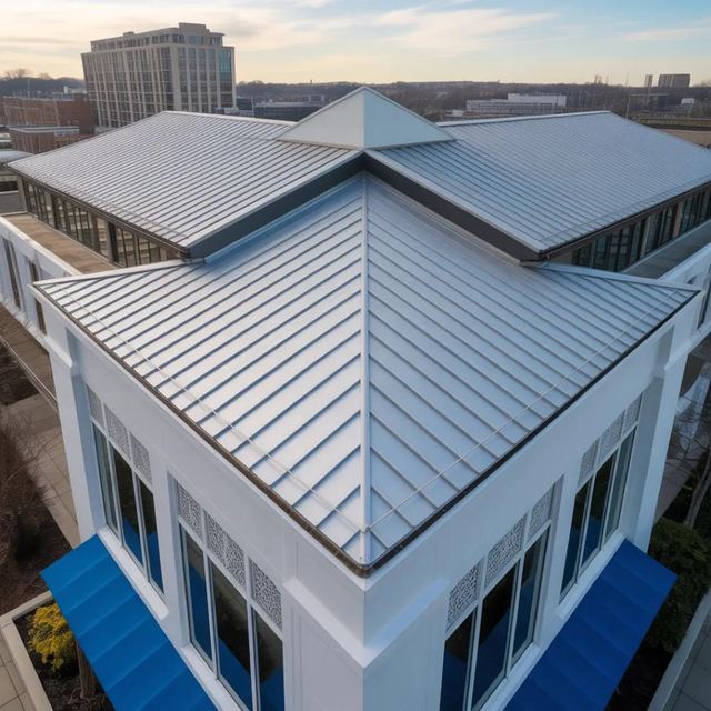 Commercial building with a silver standing seam metal roof and blue awnings