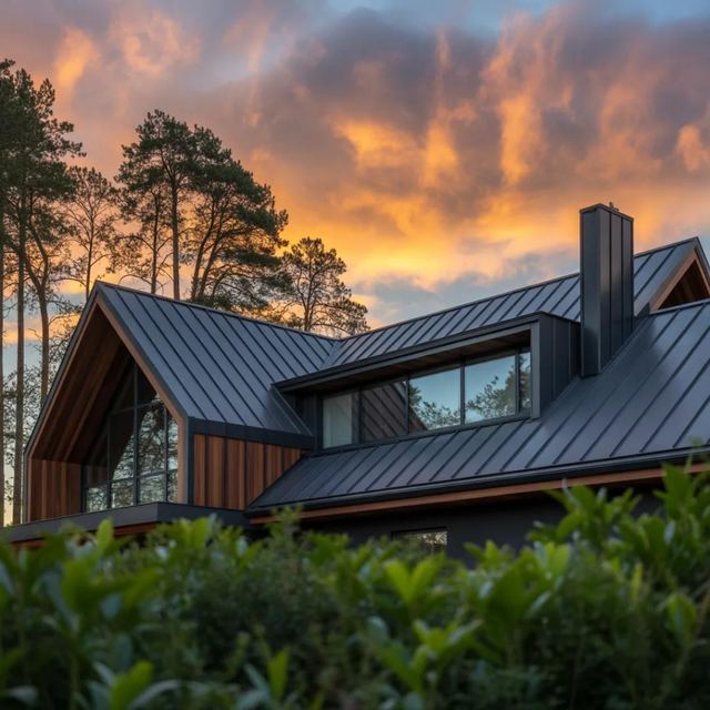Modern home with a dark metal roof and wood siding under a sunset sky