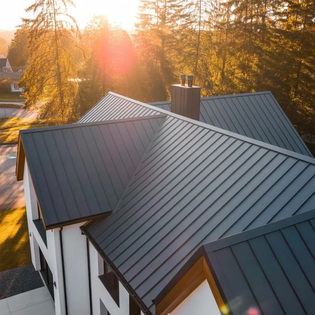 Dark standing seam roof on a home at sunset