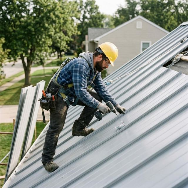 Roofer in a hard hat fastening a metal roof panel on a sloped roof