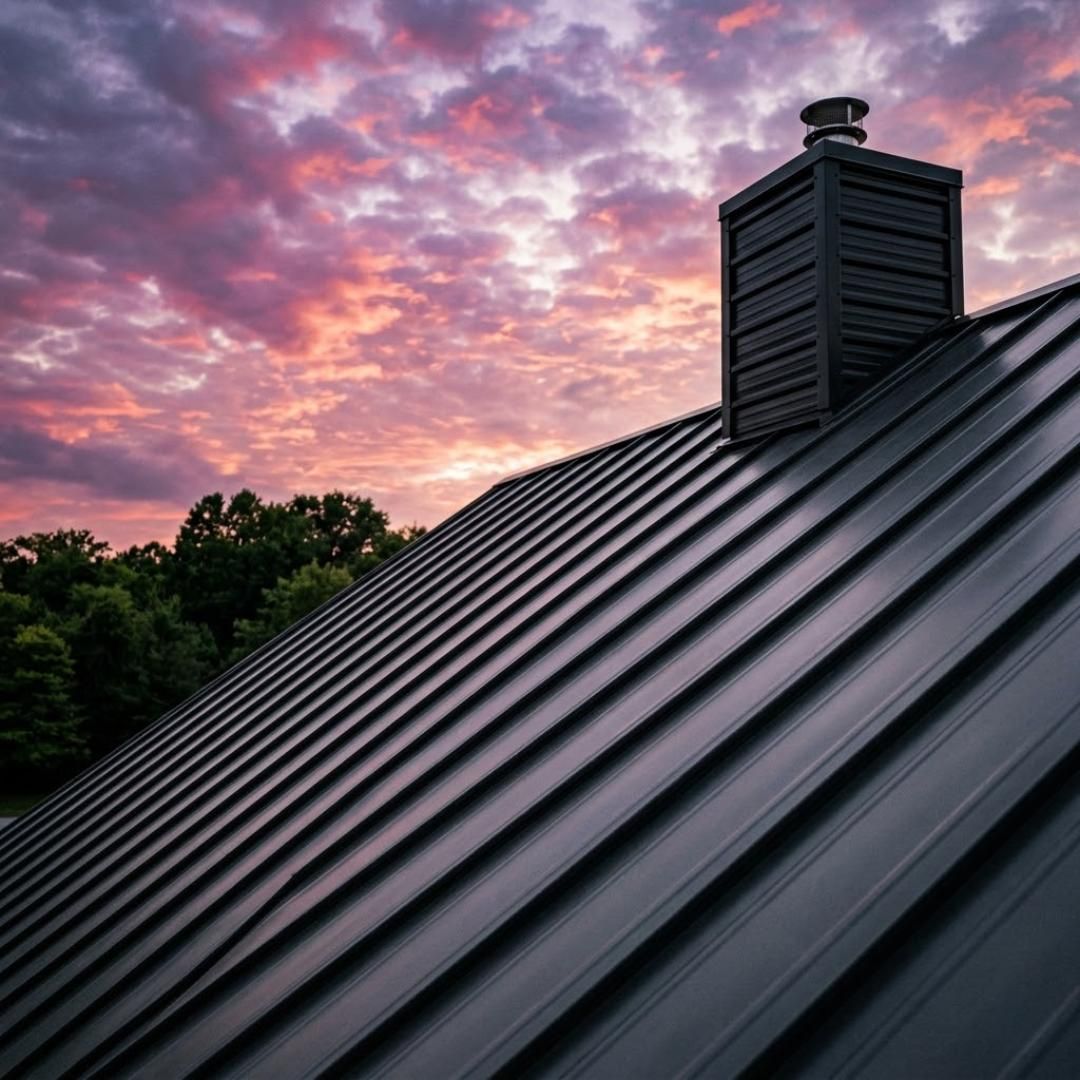 Dark standing seam metal roof and chimney against a sunset sky
