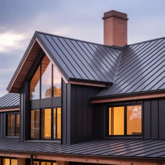 Two-story home with a dark standing seam metal roof, board-and-batten siding and a brick chimney