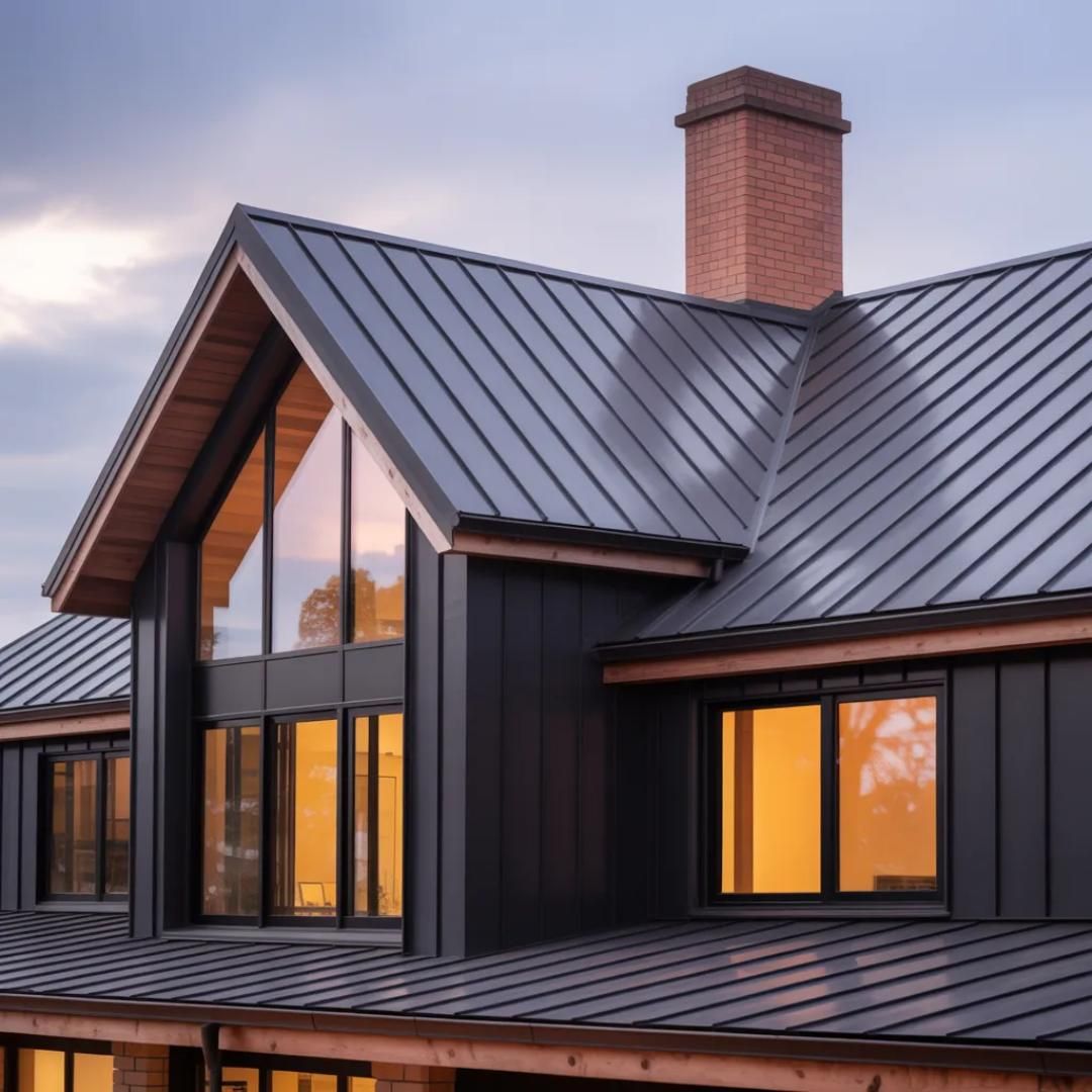 Two-story home with a dark standing seam metal roof