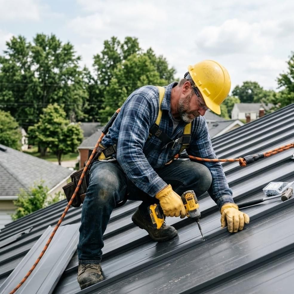 Roofer in a hard hat and harness installing metal roof panels