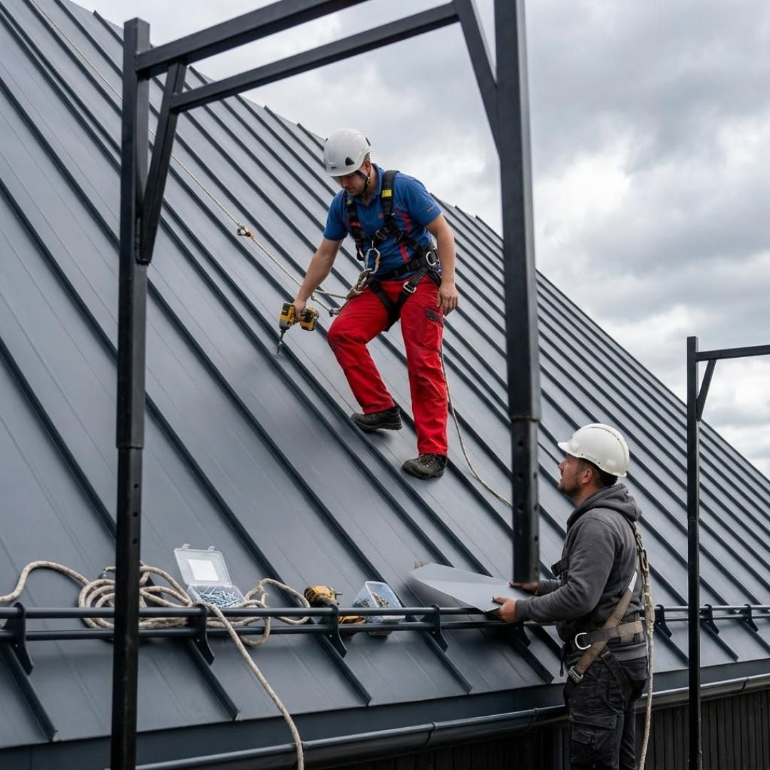 Two roofers in harnesses working on a black standing seam metal roof
