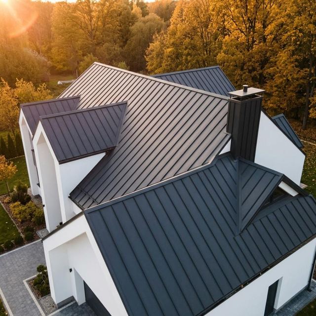 White home with a dark gray standing seam metal roof and autumn trees behind
