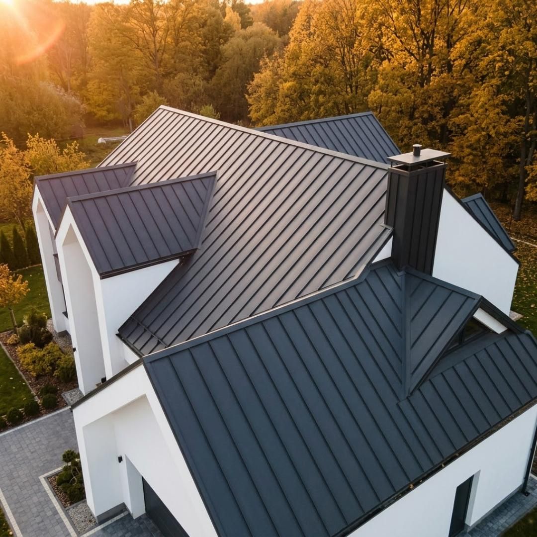 White home with a dark gray standing seam metal roof and autumn trees behind