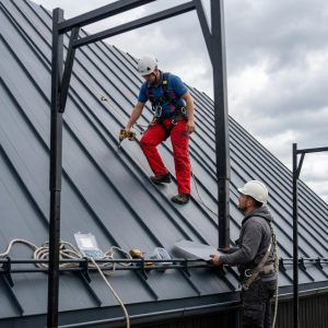 roofers working on a black metal roof